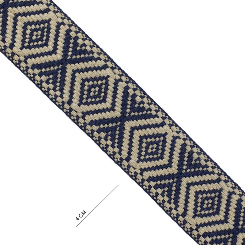 Cinta espiga étnica alg. 4 cm. - Marino+Beige 