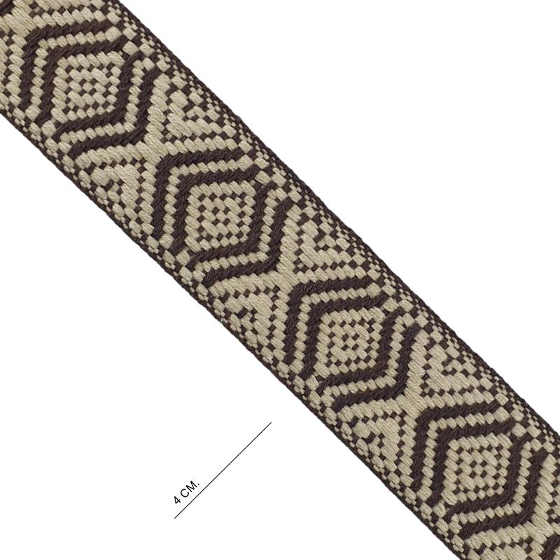 Cinta espiga étnica alg. 4 cm. - Marrón+Beige - 15 m.