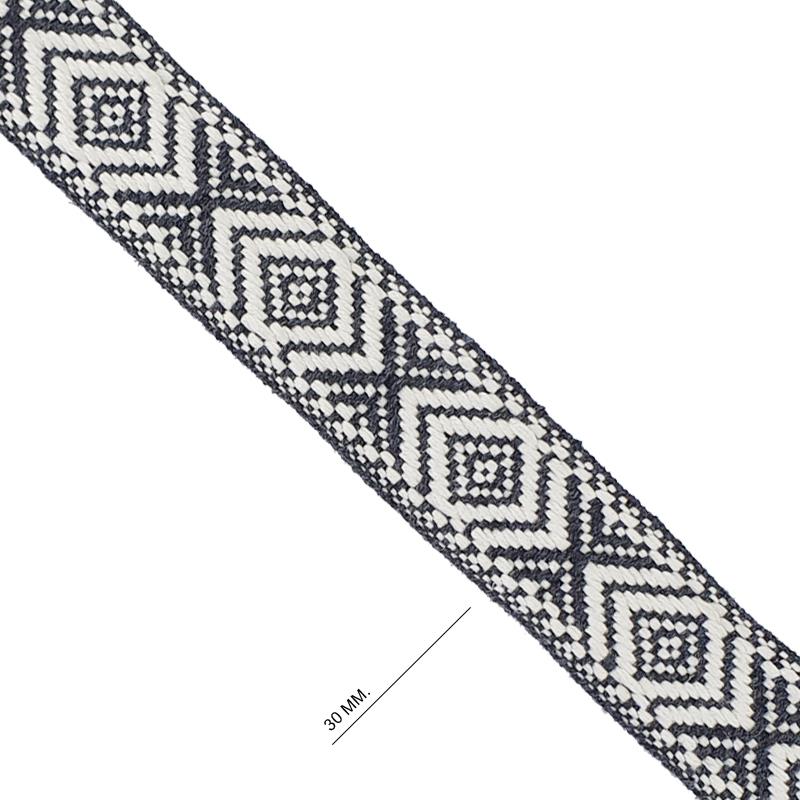 Cinta espiga étnica algodón 3 cm. - Gris - Blanco - 15 metros  